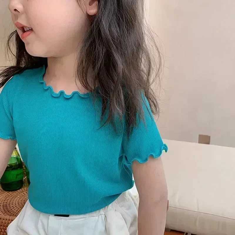 Girls Casual Ice Silk Short Sleeved T-shirt Summer Children Ear Edge Top 2-10 Years Old Girl Versatile Half Sleeved ClothesT250320