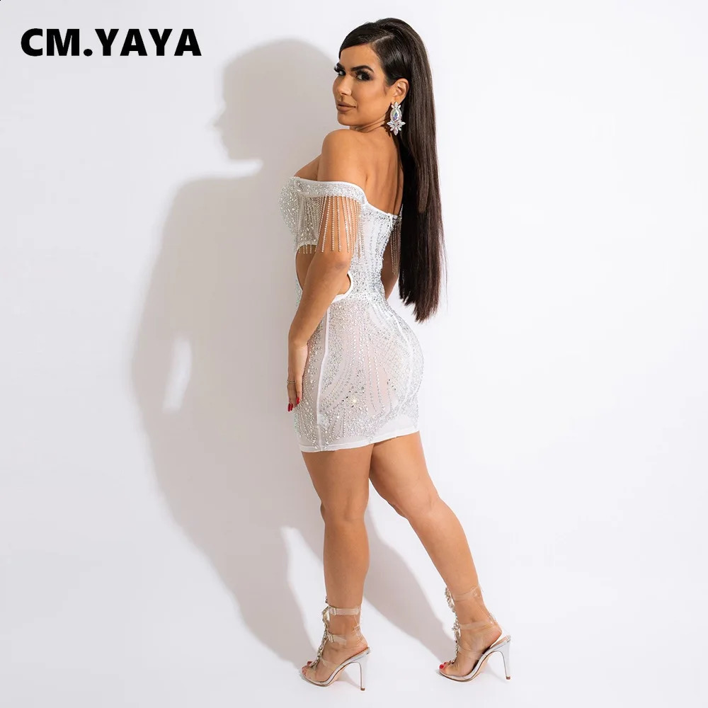 CMYAYA Womens Diamond Mesh Through Shoulders Tassel Sleeves Body Midi Dress Sexy Night Party Style 250317