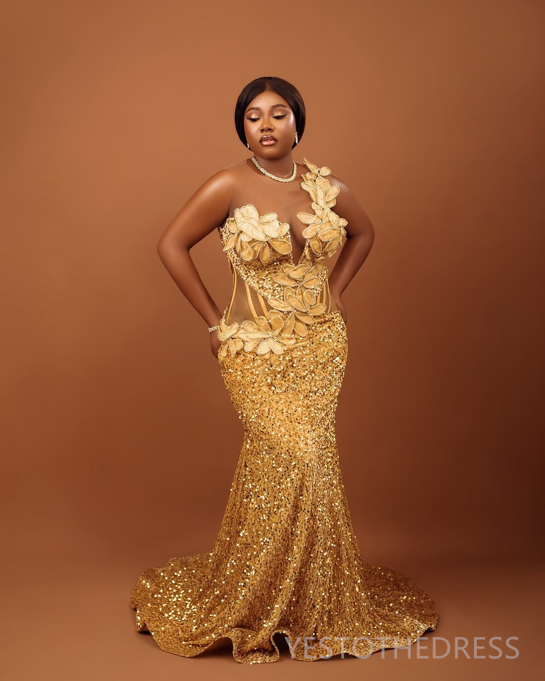Plus Size Aso Ebi Gold Prom Dresses 2025 Mermaid Prom Dress For Special Occasions Sheer Neck Flora Illusion Beaded Lace Birthday Second Reception Gown
