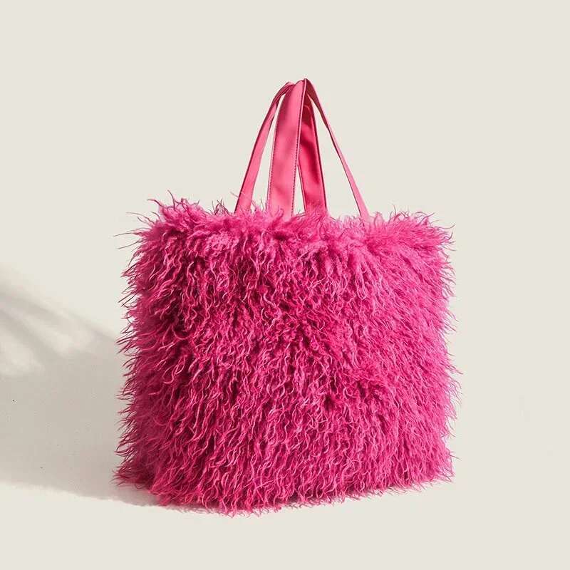 2025 Girl Large Capacity Tote Women's Vintage Plush New Korean Fashion Solid Color Handbag Imitation Fur Casual Work Bag