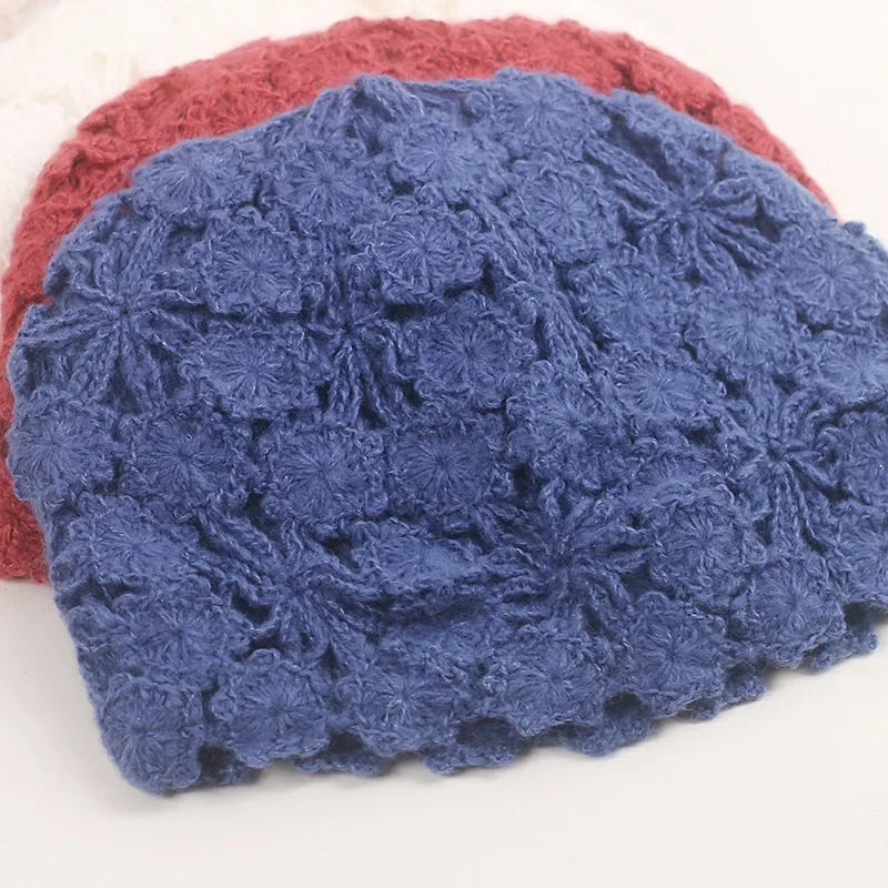 Chic Knitted Hat Winter Womens Retro Literature Art Crochet Flower Hollow Out Cap Women Fashion Beret Woolen Cap Japanese Style 250320