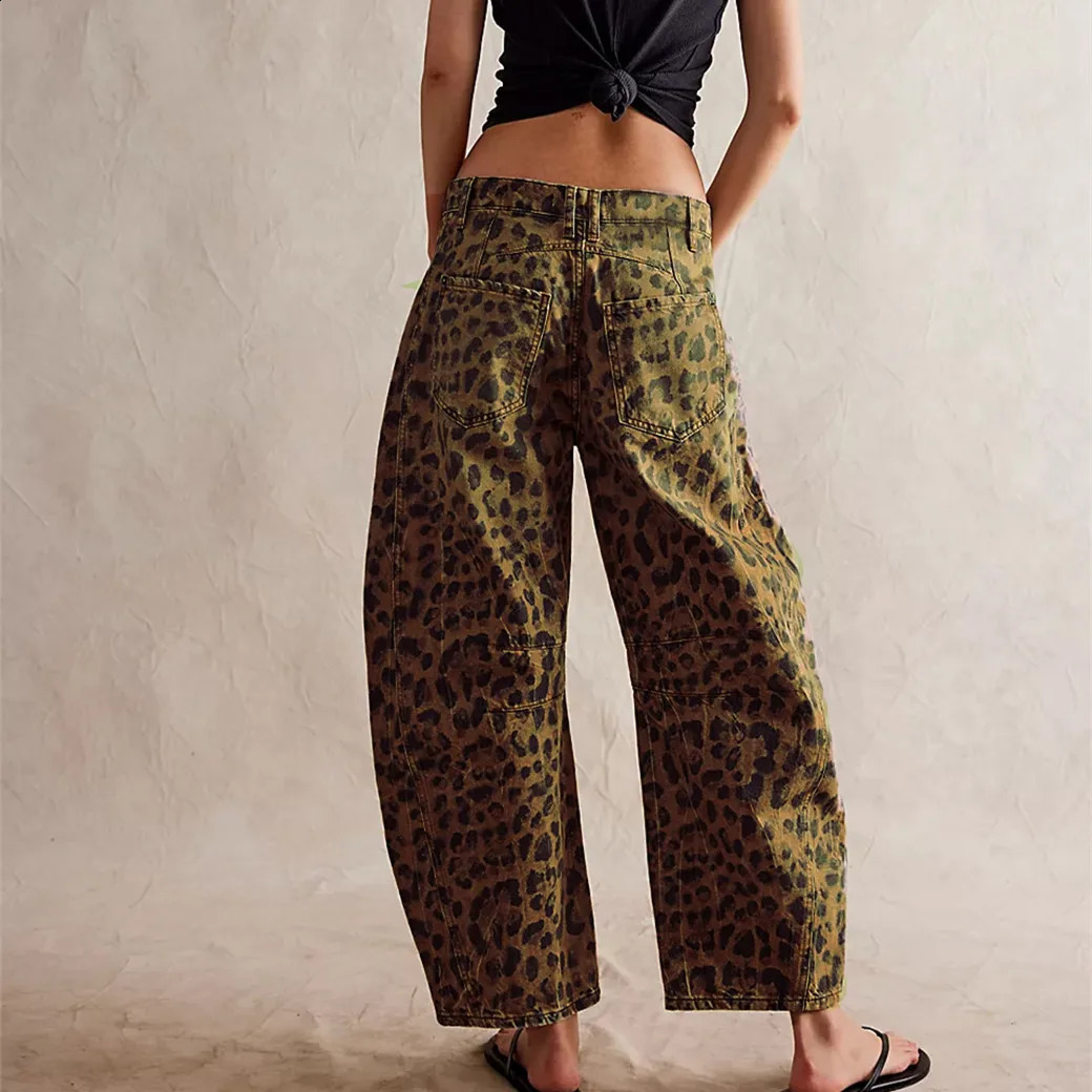 Women Leopard Barrel Jeans Y2k Cheetah Printed Baggy Boyfriend Jeans Mid Rise Wide Leg Denim Pants Horseshoe Jeans 250319