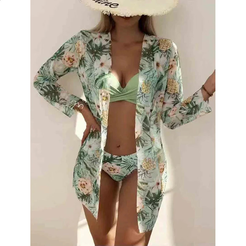 Flower low waist bikini set womens down swimsuit long sleeved three piece beach 250319