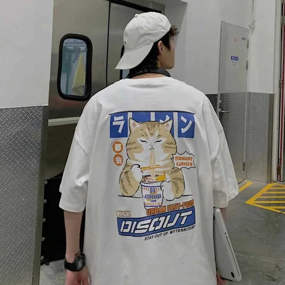 Harajuku cat cartoon noodle graphic mens T-shirt casual short sleeved T-shirt Japanese style oversized T-shirtT250319