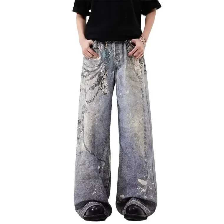 Fashionable straight leg denim jeans mens loose casual style 3D chain pendant printing Distressed Design street fashionT250319
