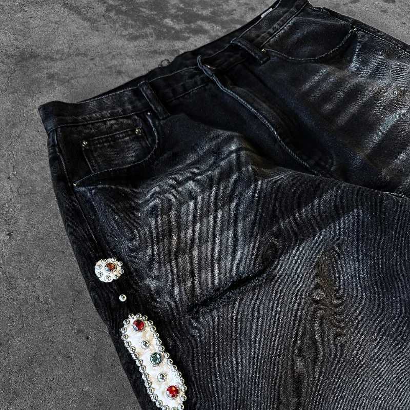 Baggy Embeddished Jeans Y2K high-quality 20 ounce fashionable mens and street womens clothing Harajuku retro high street straight Distressed JeansT250