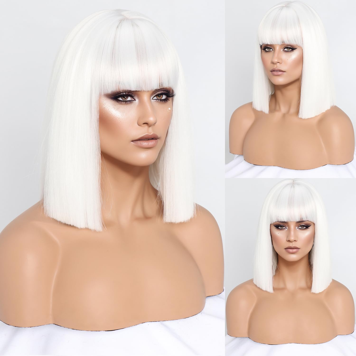 Short White Bob Wigs with Bangs,Short Straight Bob White Wigs for Women Hair Bob Cut Wig Shoulder Length Wig,Natural Looking Cosplay Daily Party Wig H