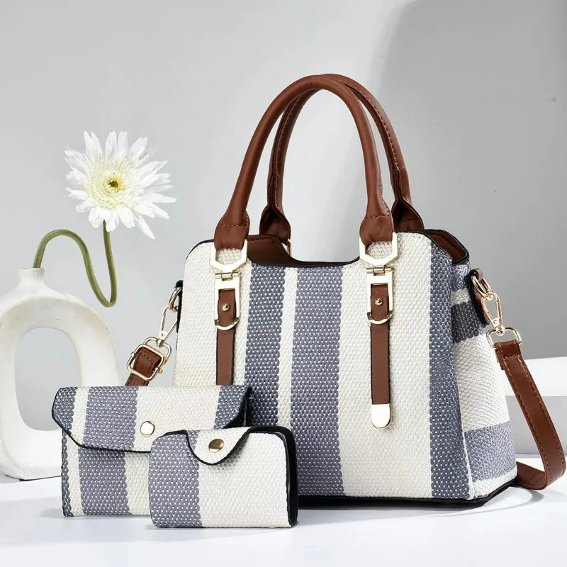 3 Piece Set Womens Bag 2024 Summer Large Womens Handbag with Wallet Vertical Stripes Womens Shoulder Crossbody Bags 250314