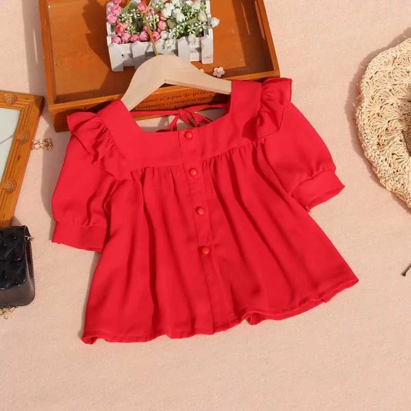 New Summer Puff Sleeve Blouse for Toddler Girls Korean Chiffon Short Sleeve Tops Children Pure Color Doll Shirt Clothes 10 12YrsT250320