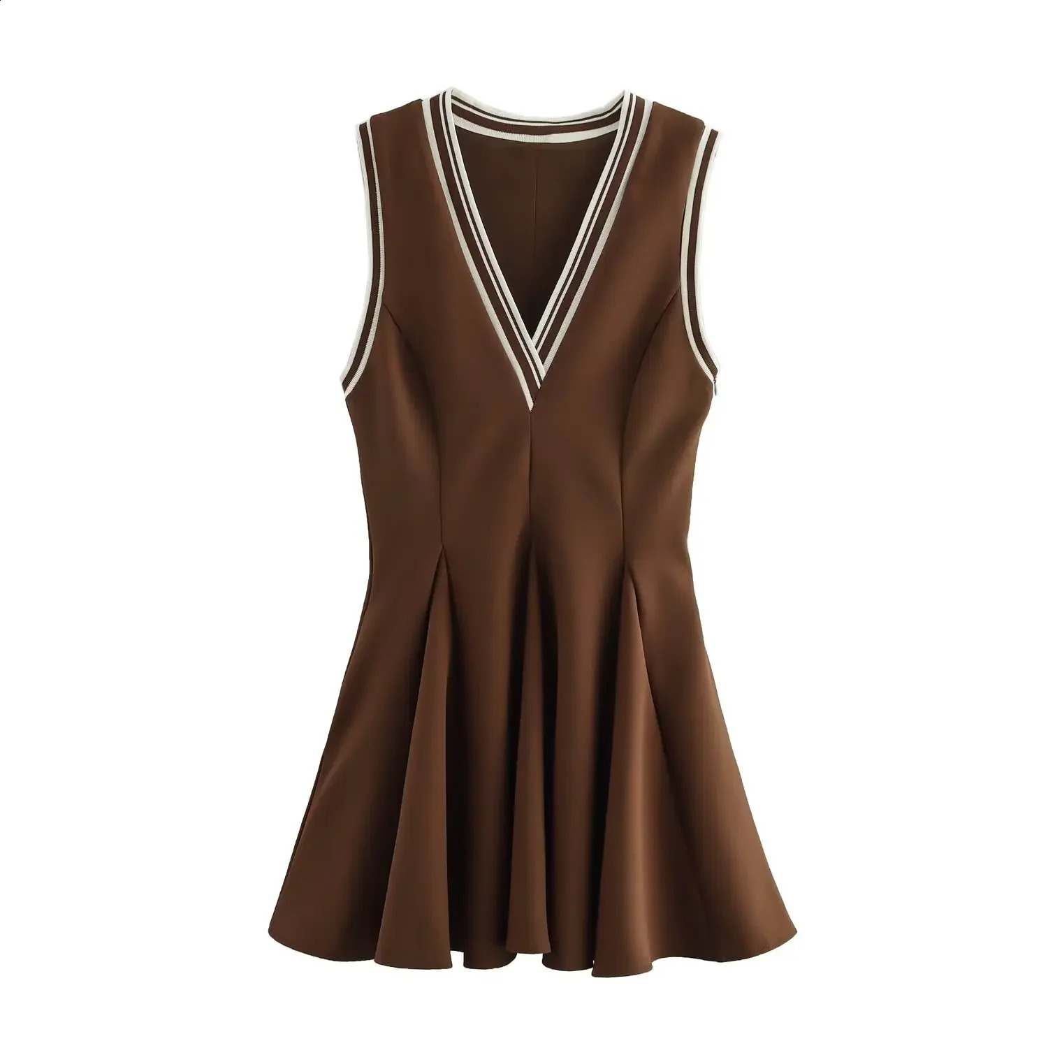 Trafshe womens brown striped short skirt elegant sleeveless pleated casual party mini beach dress clothing 250319