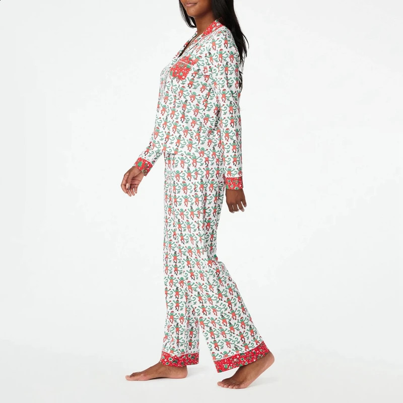 Cartoon Monkey Print Long Sleeve Button Down Blouse Tops with Long Pants Loungewear Womens Summer Casual 2 Piece Set Sleepwear 250319