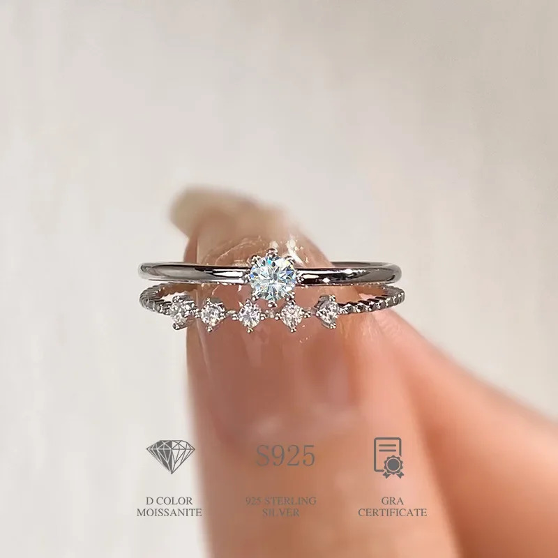 FEOBUR 3mm Moissanite Diamond Ring Set for Women 925 Sterling Silver Plated Platinum Brilliant Stacking Rings Jewelry Girl Gift