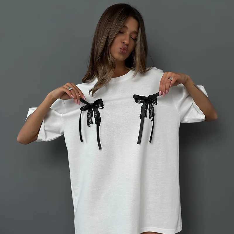 CGC Simple Style Casual Edition Bow Short Sleeve T-shirt Womens O-neck Korean Fashion Womens Clothing y2k Loose TopT250320