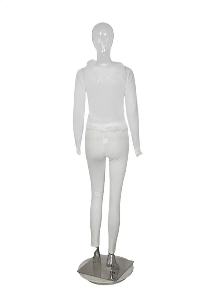 Feather Splicing Set Fashion Casual Womens Long Sleeve Top and Pants Sexy Pink Elastic Two Piece 250319