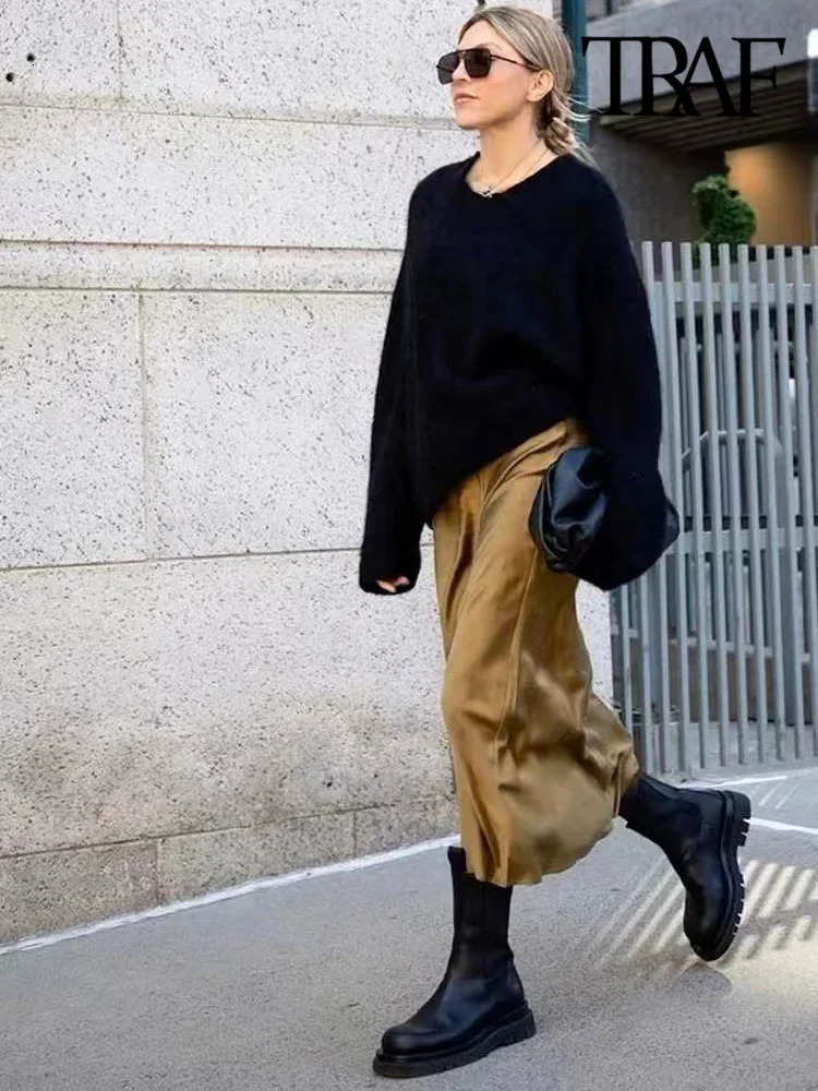Womens Flowing Satin Midi Skirt High Waist With Elastic Waistband Female Skirts Chic Fashion 250320