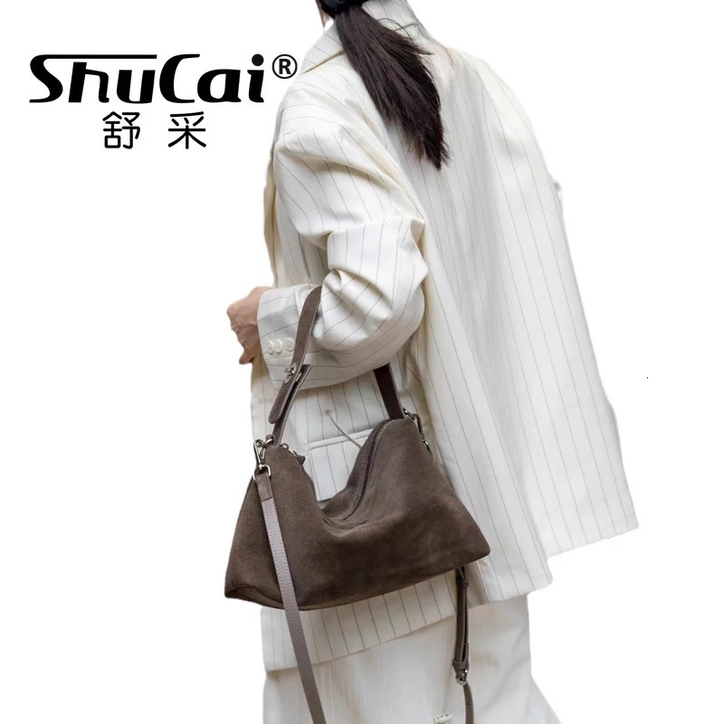 Fashion Autumn Winter Big Boston Tote Soft Matte Suede Cow Leather Womens Handbag Shoulder Crossbody Bag For Women Grey Brown 250318