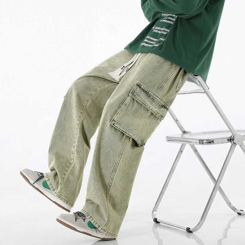 2024 New Mens Bag Jeans Fashion Street Clothing Retro Wide Leg Pants American Street Clothing Y2K Large Pocket Youth CoatT250319
