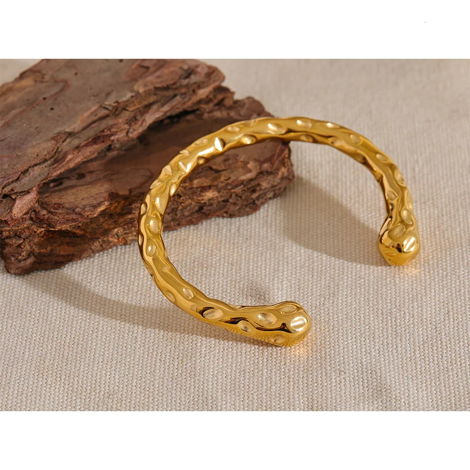 Yhpup Waterproof 316l Stainless Steel Metal Geometric Open Cuff Bracelet Bangle Statement Gold Color Texture Vintage Jewelry 250320