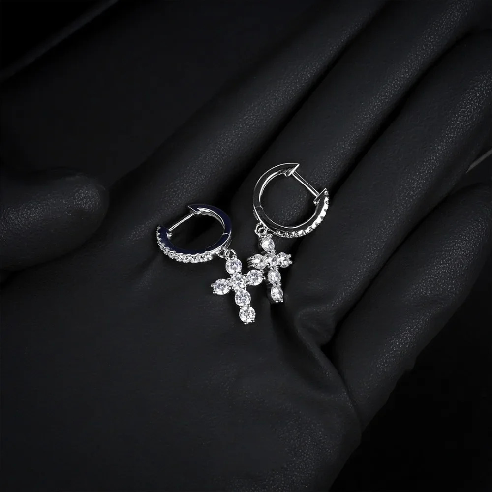 FEOBUR Full Moissanite Cross Drop Earrings for Women 100% 925 Sterling Sliver Lab Diamond Dangle Earrings Men Hiphop Jewelry