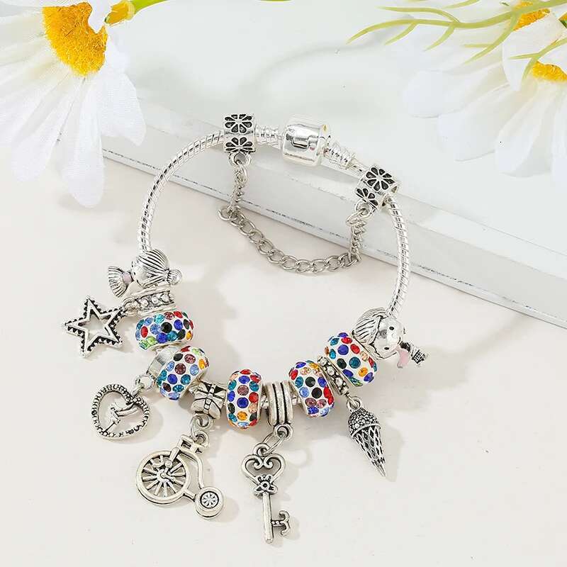2024 Trendy Crystal Colorful Beads Charm Bracelet With Star Heart Key Bike Pendant For Women Kids Female Fashion Jewelry Gift