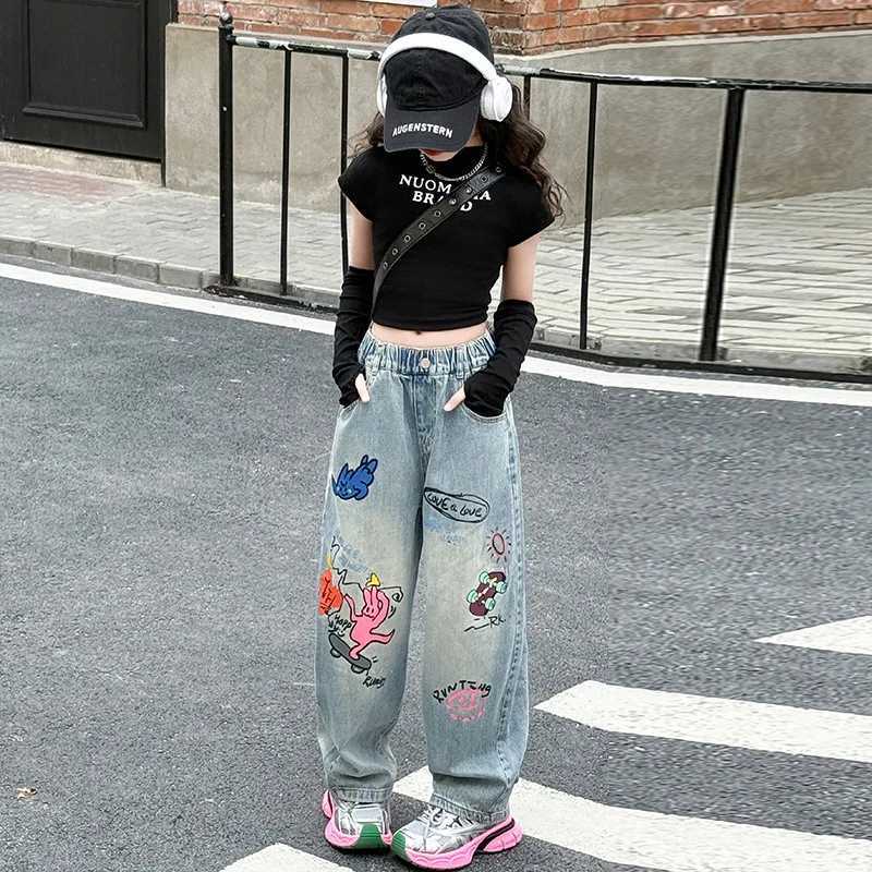 Spring and autumn new cartoon printing loose fitting teenage girls jeans girls summer design wide leg pants children Trouser 5-14 years oldT250326