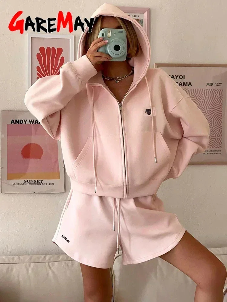 Spring Womens Summer Suit with Shorts Cotton Oversize Pink Top and Shorts Set Two-piece Casual Tracksuit with Shorts for Women 250318