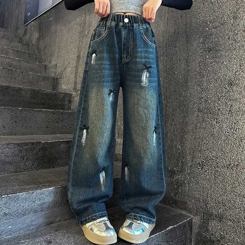Girl Bow Graffiti Wide Leg Jeans Teen Fashion Casual Edition Straight Trend Wide Leg Pants 5-15 Years OldT250326