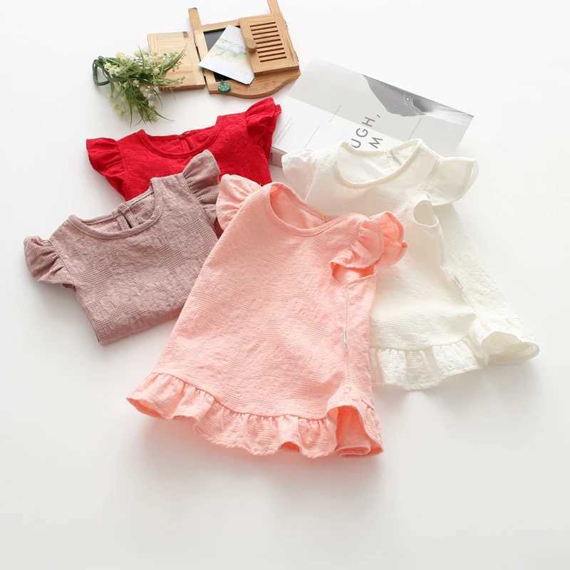 Ruffle sleeves lace flower summer childrens girls shirt top suede cotton baby shirt childrens clothing T-shirtT250320