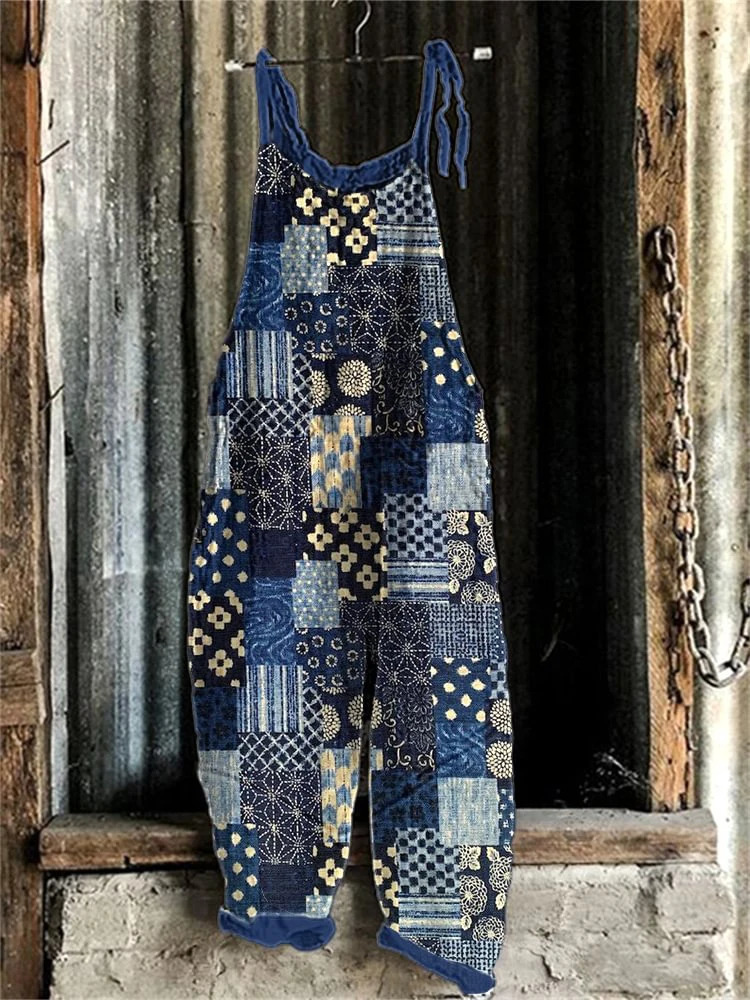 2024 casual fashion elegant womens loose adjustable hanging jumpsuit retro floral geometric print wide leg 250320