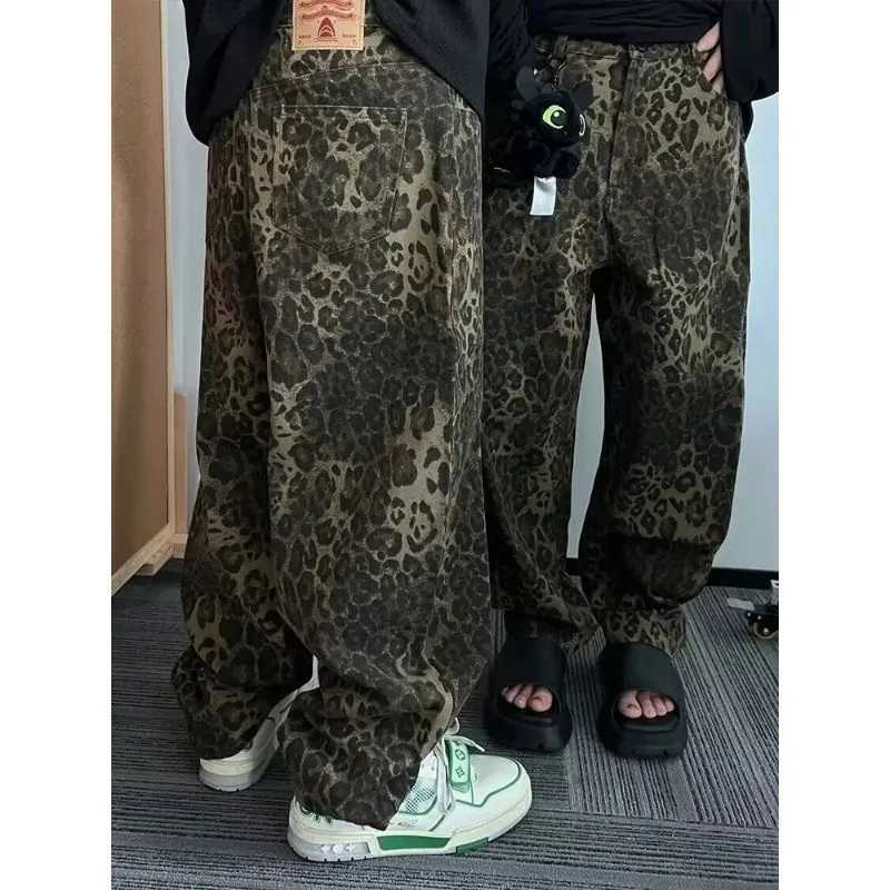 Leopard Print Heavy Industry Washed Army Jeans Autumn and Winter Retro Mens and Womens Green Heavy Canvas Work Casual PantsT250319