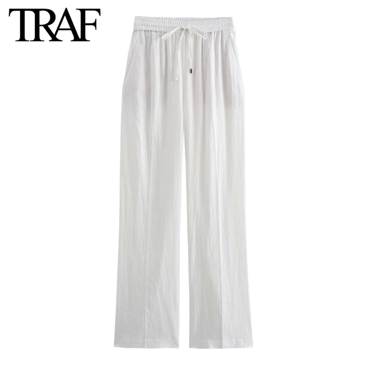 TRAF Women Fashion Spring Summer Lace-Up En Blended Straight Pants Pocket Office Lady Chic High Waist Trousers Mujer