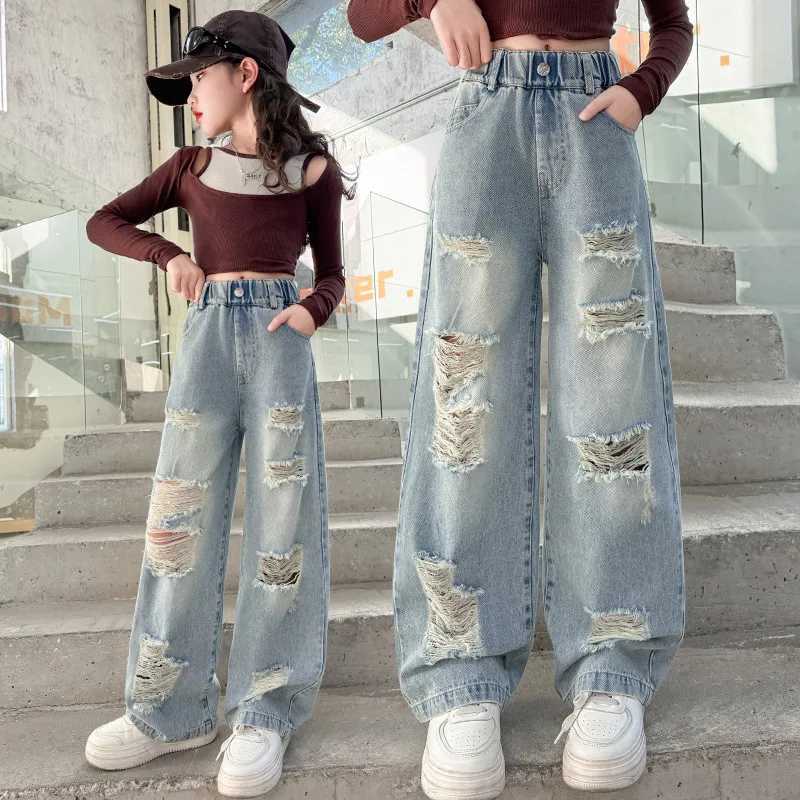 Cowgirl Ripped Jeans With Hole Kids Girls Casual Style Destroyed Denim Pants Spring Autumn Child High Street Trousers ClothesT250326