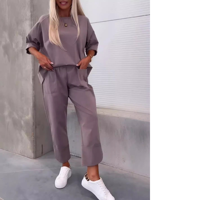 2024 Autumn Women's Loose Casual Two-Piece Solid Color Round Neck Cropped Pants Set For Women