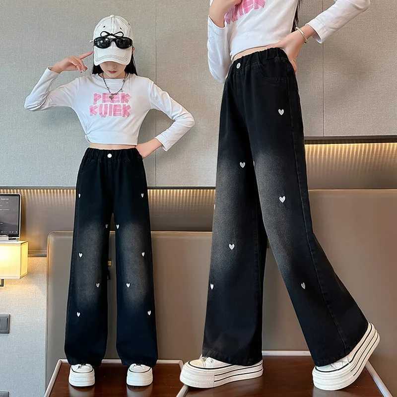 New Fashion Teen Girls Cowboy Wide Leg Pants Children Trousers Spring and Autumn Love Pattern Girls Jeans 5-14 Year Old Childrens ClothingT2502320