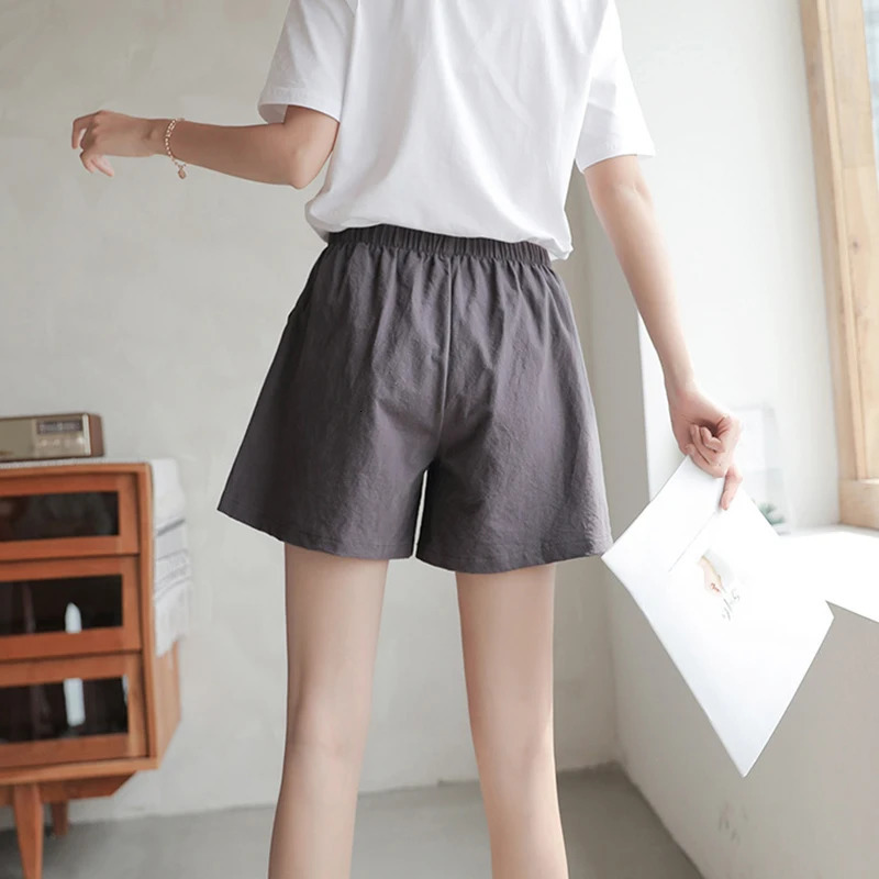 Cotton And Linen Shorts Lace-up Elastic Waist Loose Sports and Short Wide Leg Pants Pockets Women Clothing Casual Solid Thin 250320