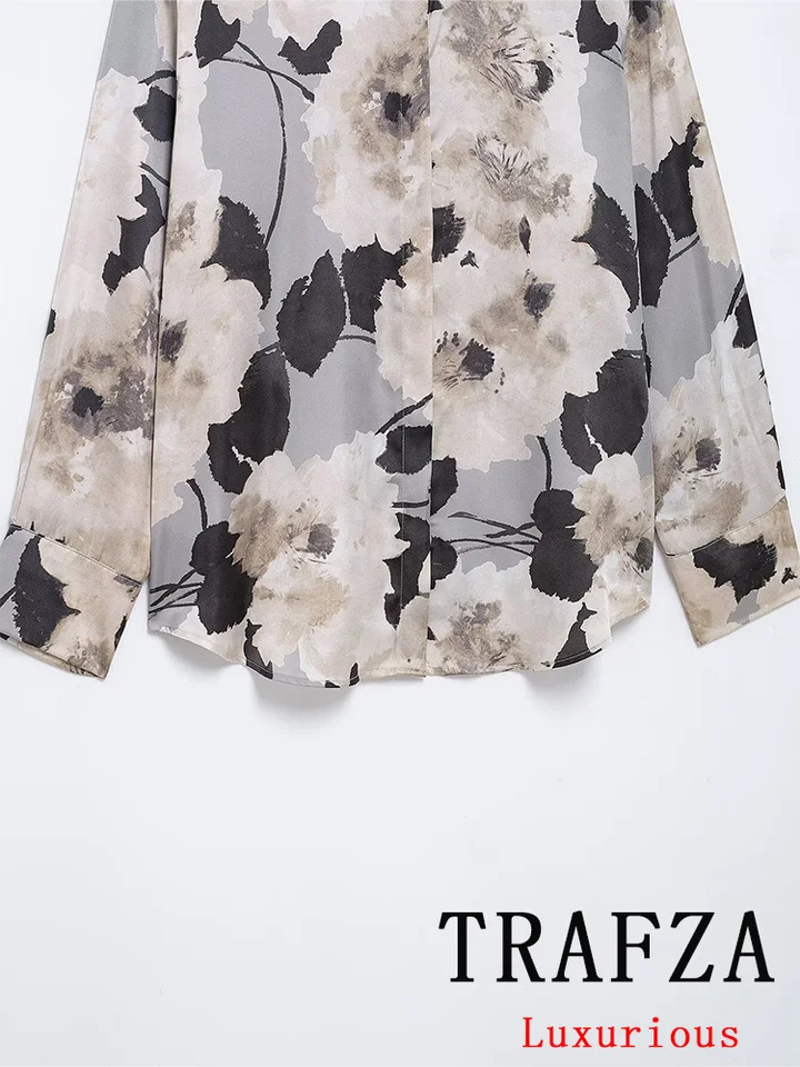 TRAFZA Retro Casual Chic Satin Womens Set Flower Printed Long Sleeve Shirt Fashion 2025 SpringSummer Silk 250320