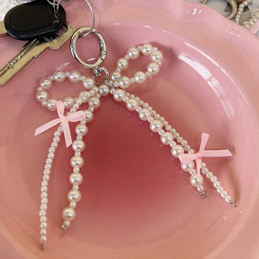 2PCS New Korean Sweet Pearl Bow Keychain Heart Pendant Keychain Y2K Pink Aesthetic Keyholder Girl Bag Pendant AccessoriesXJ250319