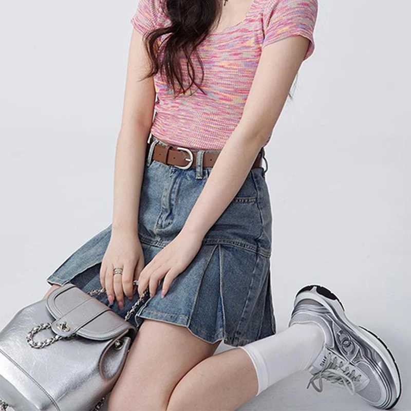Womens Short Folded Skiing 2024 Summer New College Style High Waist A-Line Short Denim Leather Fashion Blue Denim LeatherXJ250320