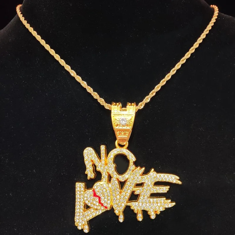 Arrived Men Hip Hop No Love Letter Pendant Necklace Cuban Chain Iced Out Bling HipHop Necklaces Fashion Jewelry Gifts 250320
