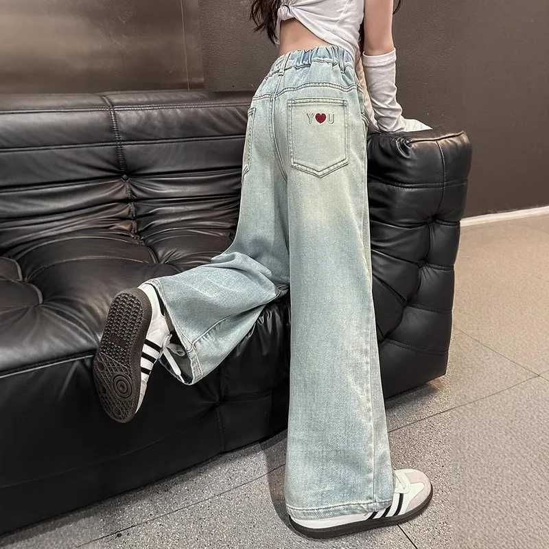 Kids High Waisted Washed Jeans Classic Trendy Street Straight Denim Pants For Girls Simple Style Jeans Trousers For Teens ChildT250326