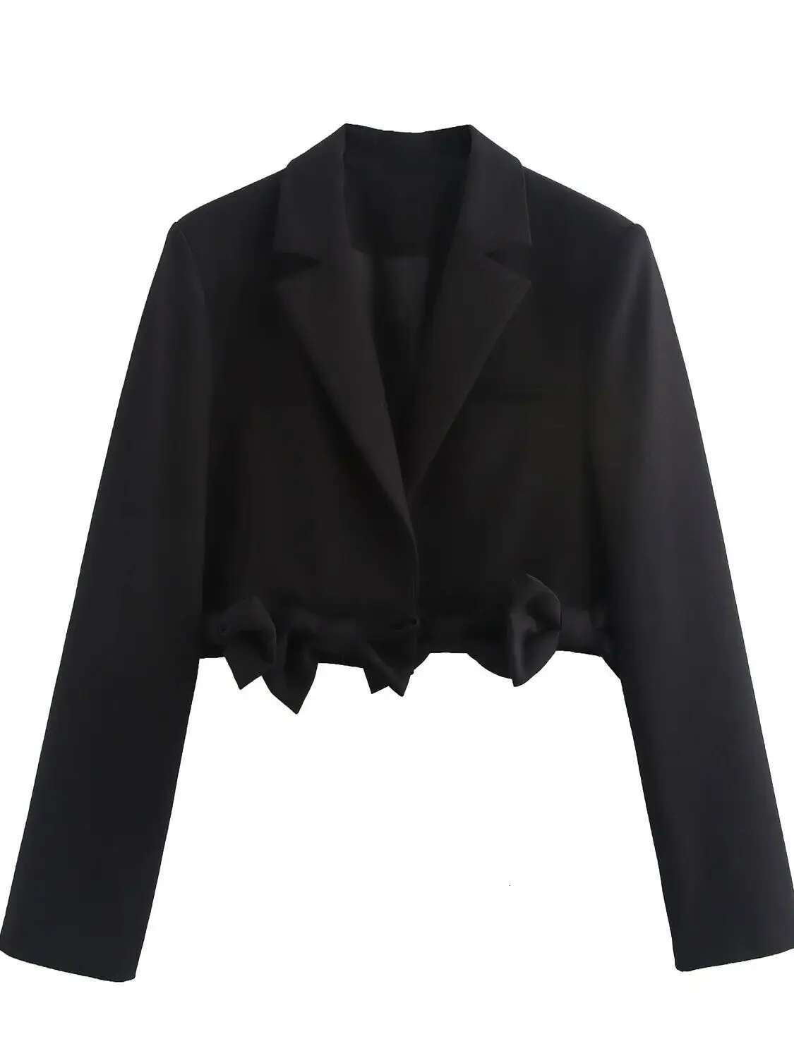 XNWMNZ 2024 Women's Fashion Crop Bow Blazer Women High Street Lapel Long Sleeve Shoulder Pads Female Jacket Coat