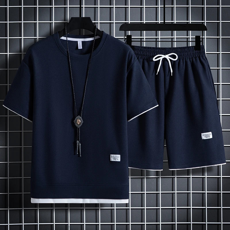 Summer mens waffle set casual Tshirt and shorts sportswear solid color loose size 3XL 250319