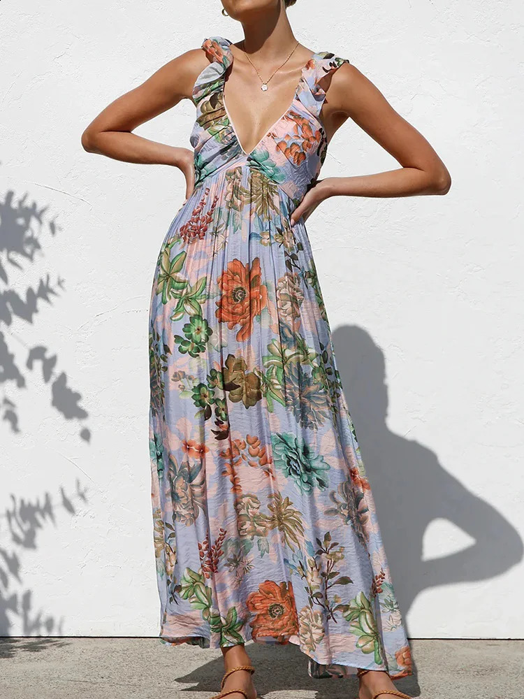 backless patch work simple party dress womens summer sleeveless deep Vneck Maxi printed fashionable 250317