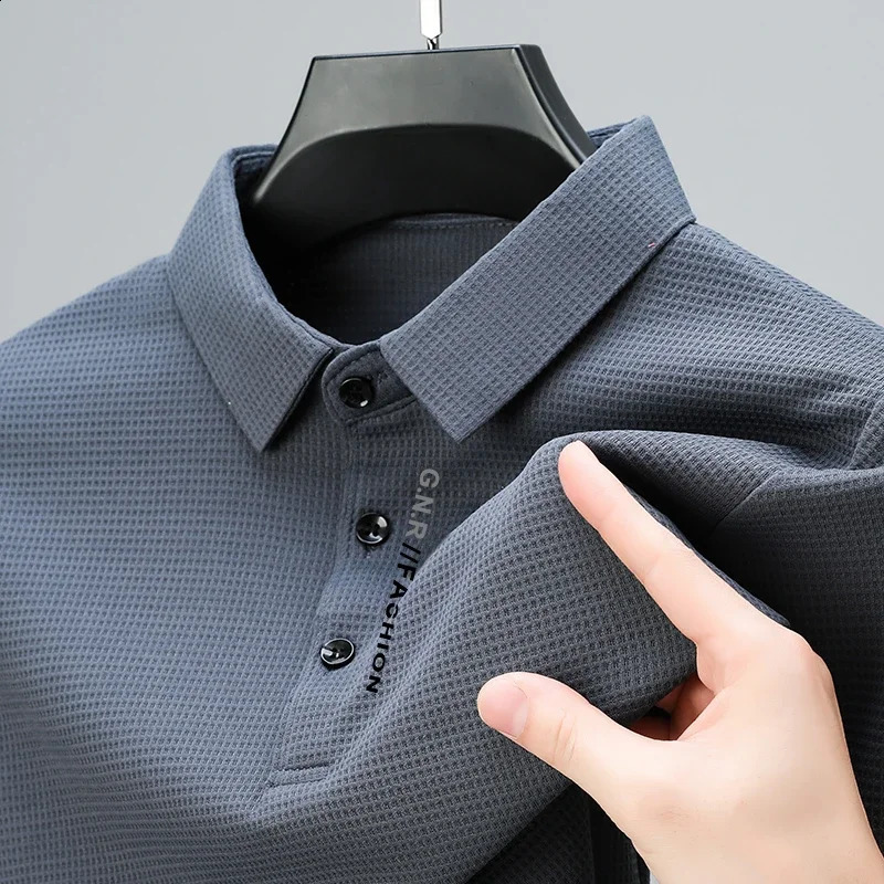 Mens Waffle Long Sleeved POLO Shirt with Letter Printed Lapel Casual Top 250319