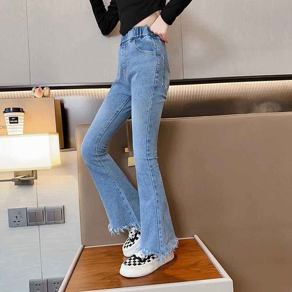 Girls Jeans Spring/Outumn Fashion Flared Trouser for Kids Blue Casual Full Match Youth Pants 10 12 14 Years OldT250326