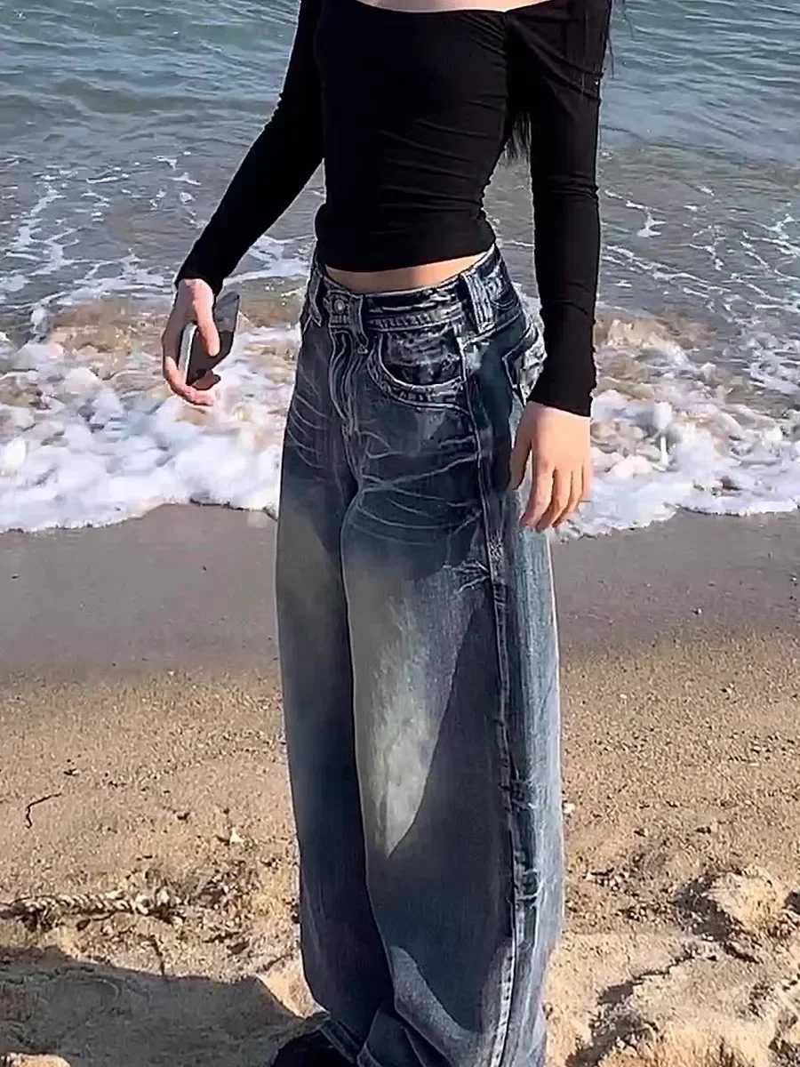 HOUZHOU Retro Y2K Blue Jeans Womens Bag Wash Wide Leg Jeans Womens Street Clothing Harajuku Korean Fashion Jeans Trousers GrungeT250319