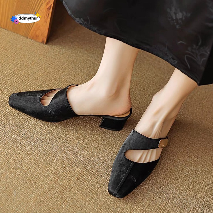 Chinese style Baotou Half Slippers for Women 2024 New Summer Square Headed One Step Thick Heel Sandals with Hollow Embroidered High Heels ddmythur