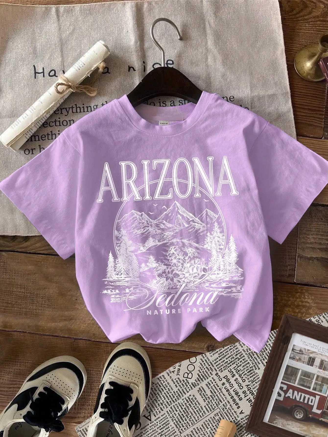 Tween Girl casual minimalist mountain pattern short sleeved T-shirt suitable for summerT250320