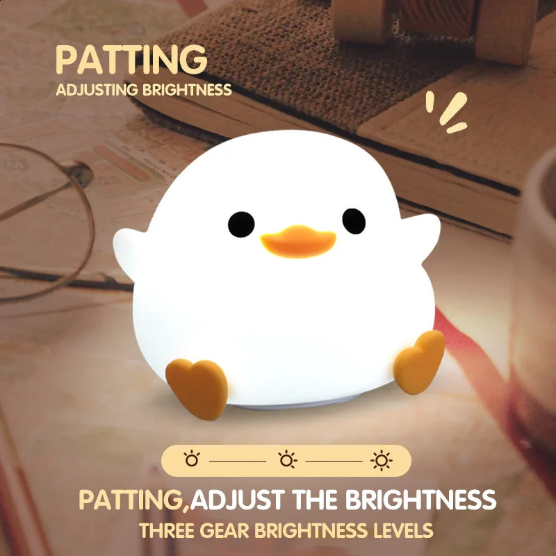 LED Night Light Cute Duck Cartoon Animals Decor Silicone Lamp for Children Kid Touch Sensor Timing USB Rechargeable for Birthday 250319