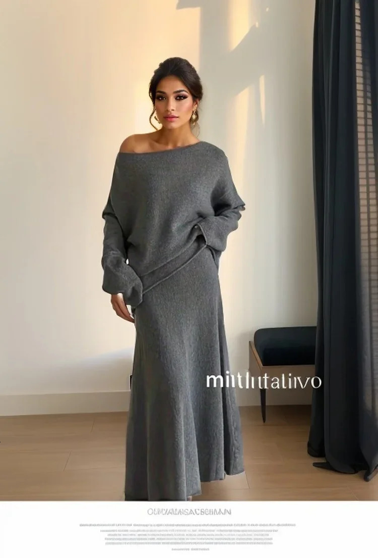 Hirsionsan sexy soft elegant retro womens set 2piece slanted neck sweater and Midi dress OL style knitted track 250320